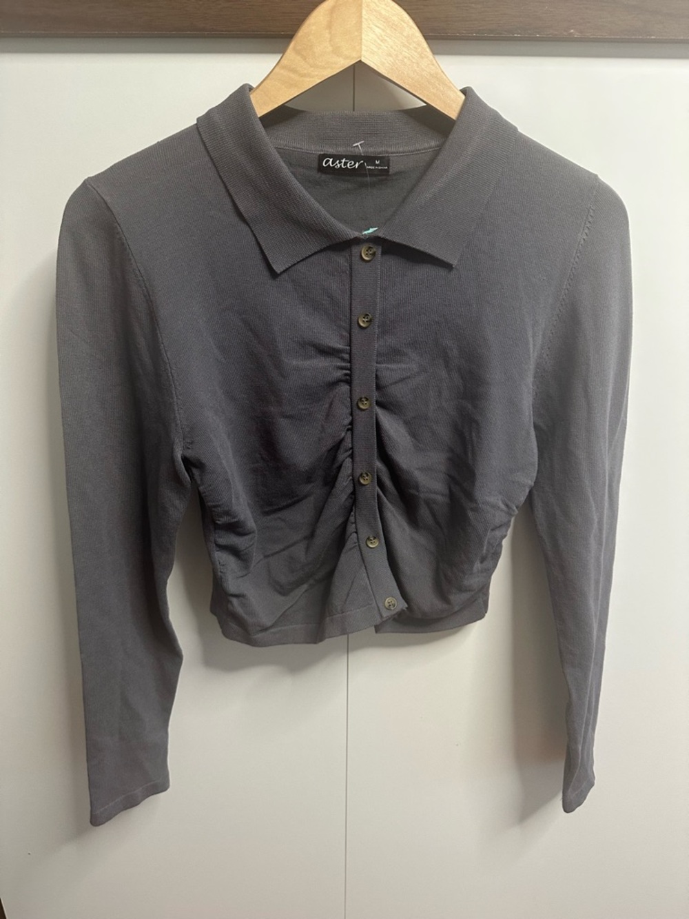 Masters Charcoal Ruched-Front Button-Down Top - Picture 3 of 6